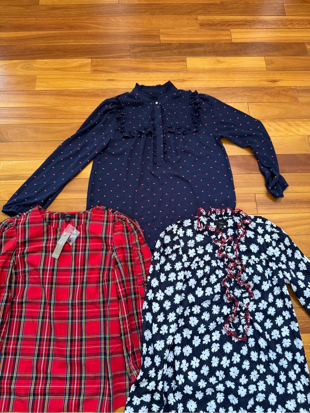 J. Crew Navy Long-Sleeve Ruffle Yoke Top with Pink Dot Print